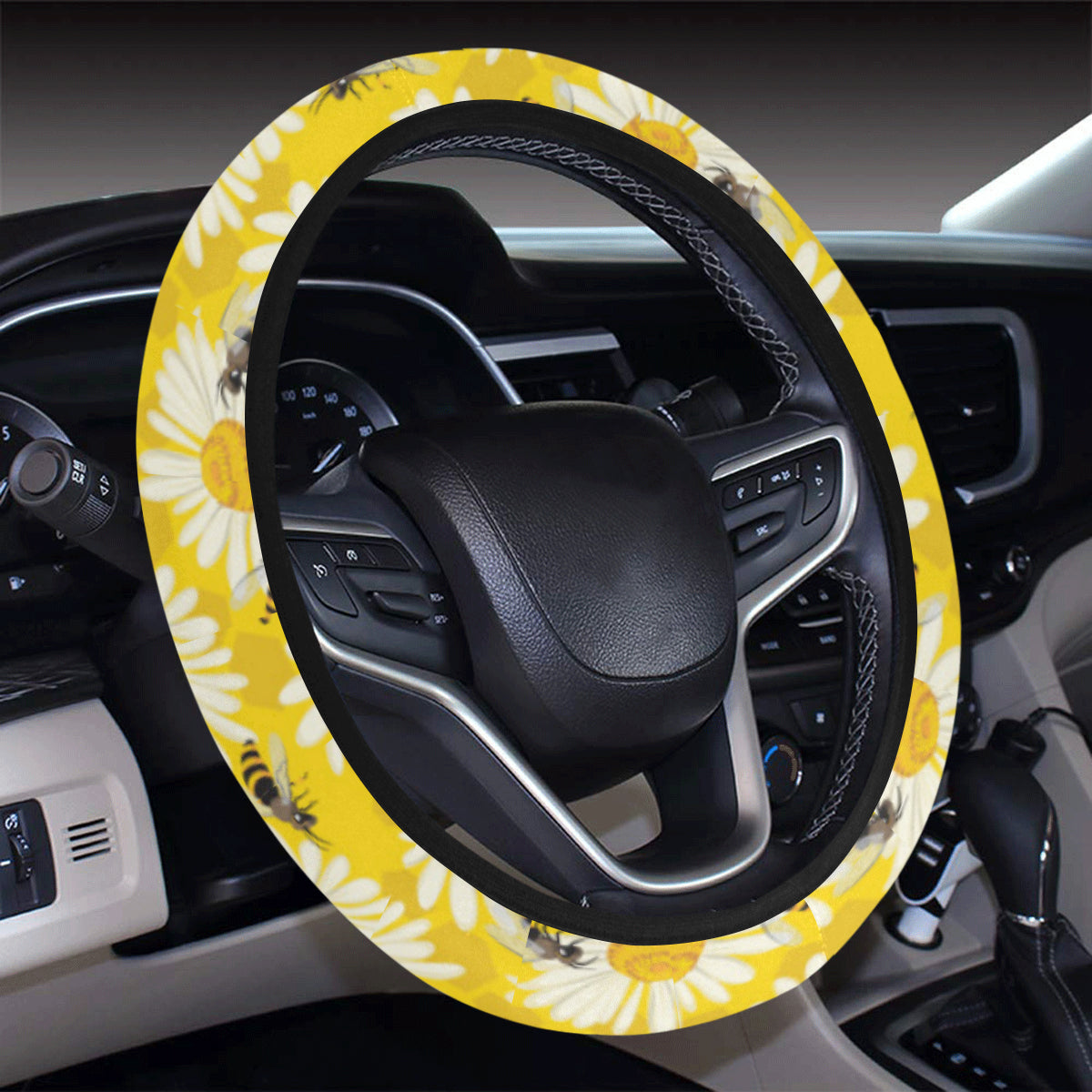 Bee Daisy Pattern Print Design 06 Steering Wheel Cover with Elastic Edge