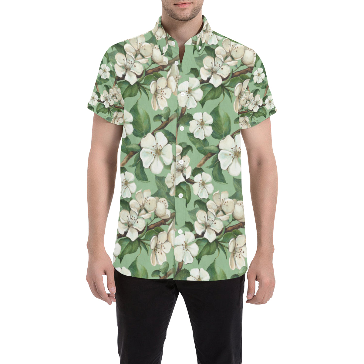 Apple blossom Pattern Print Design AB02 Men's Short Sleeve Button Up Shirt