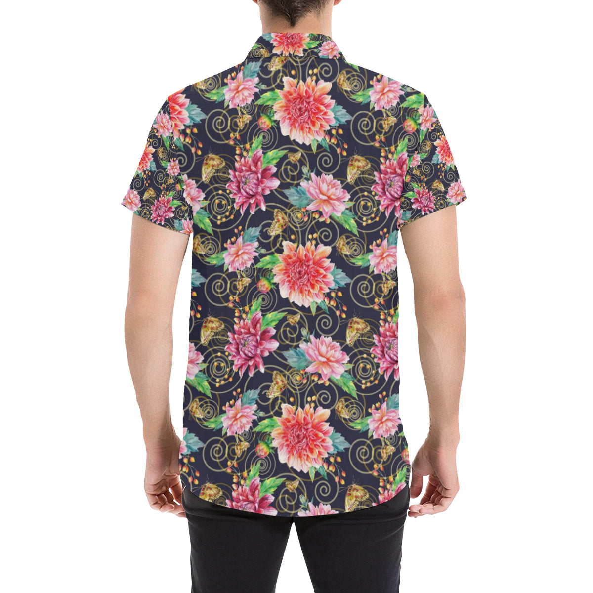 Dahlia Pattern Print Design DH02 Men's Short Sleeve Button Up Shirt