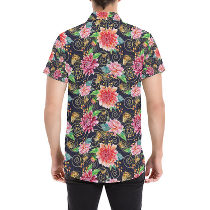 Dahlia Pattern Print Design DH02 Men's Short Sleeve Button Up Shirt