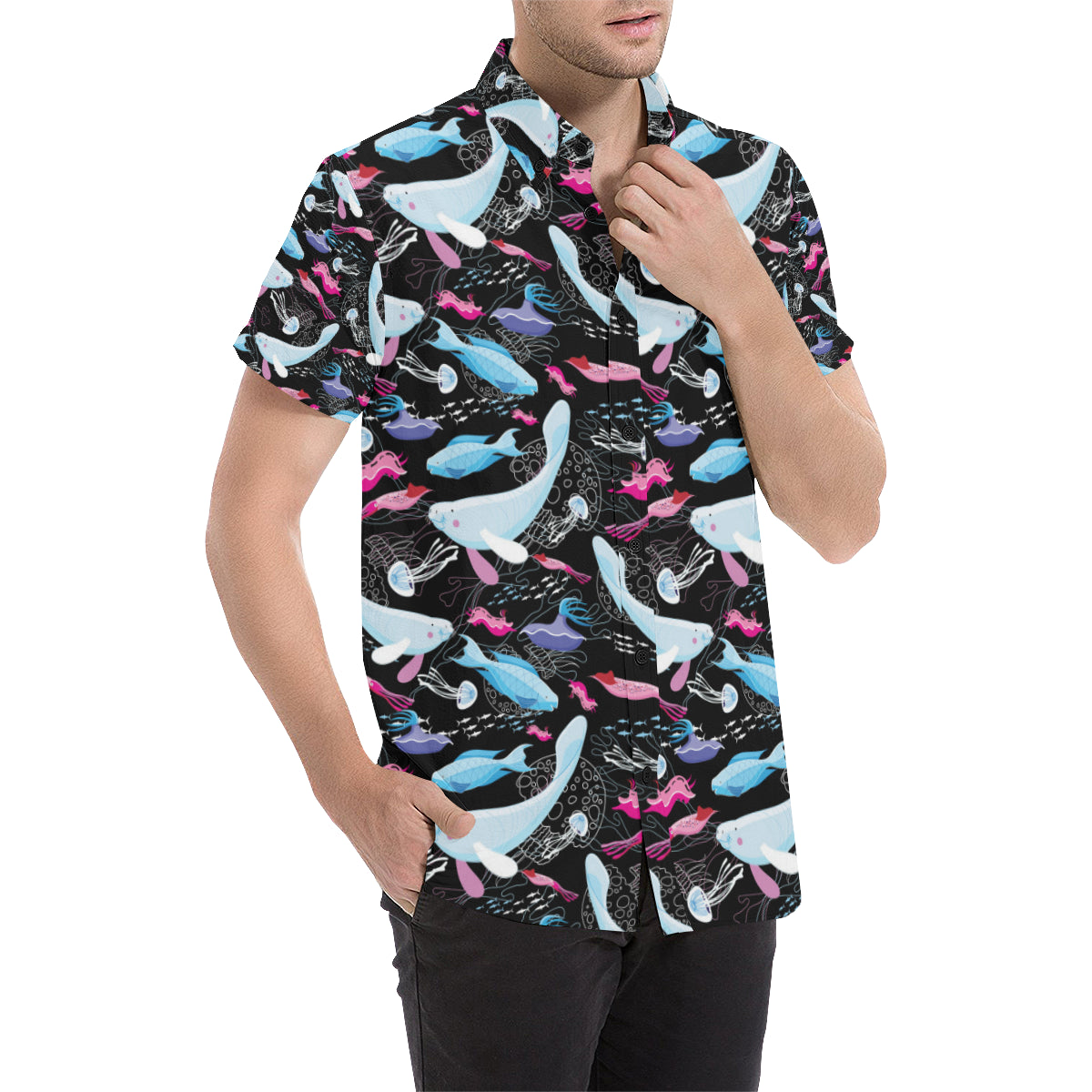 Manatee Pattern Print Design 02 Men's Short Sleeve Button Up Shirt