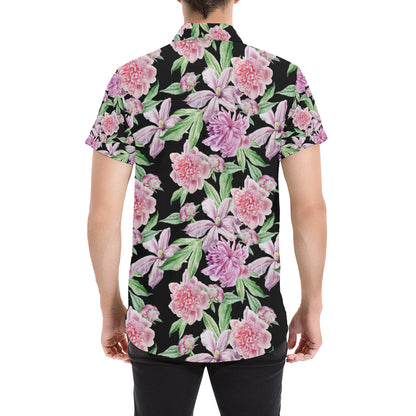 Peony Pattern Print Design PE08 Men's Short Sleeve Button Up Shirt