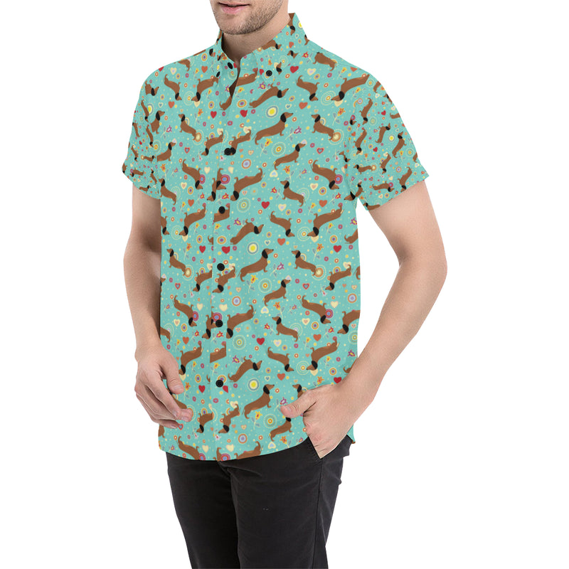 Dachshund with Floral Print Pattern Men's Short Sleeve Button Up Shirt