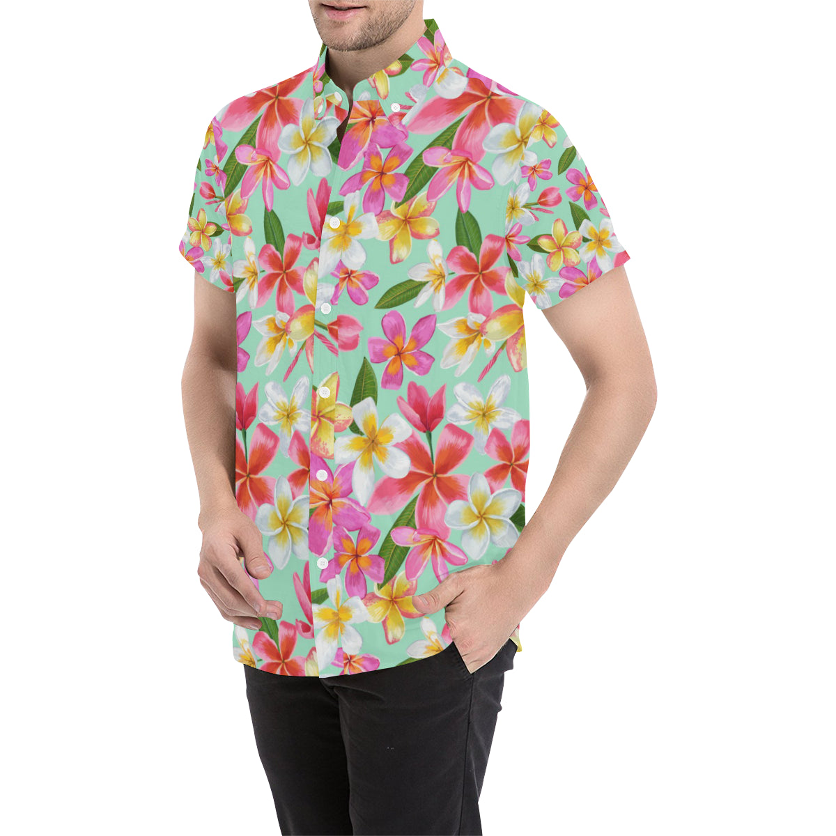 Plumeria Pattern Print Design PM014 Men's Short Sleeve Button Up Shirt