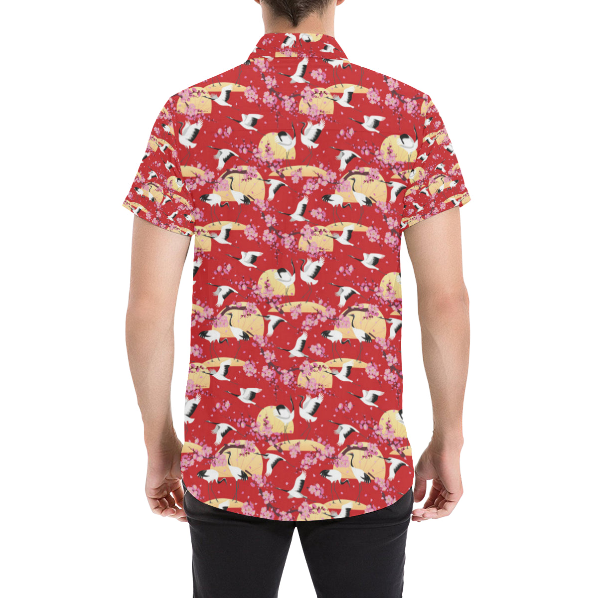 Crane Pattern Print Design 04 Men's Short Sleeve Button Up Shirt