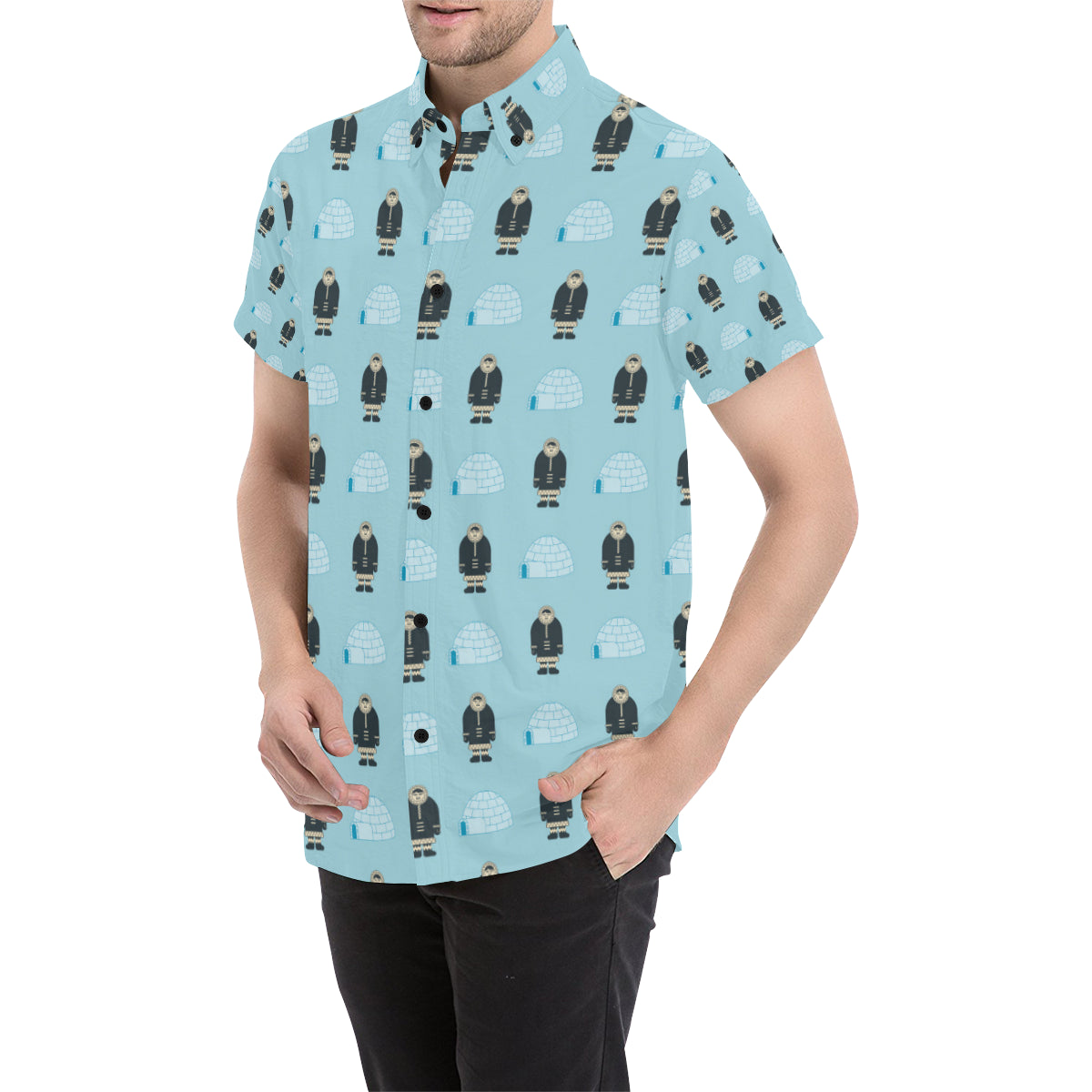 Eskimo Pattern Print Design 03 Men's Short Sleeve Button Up Shirt