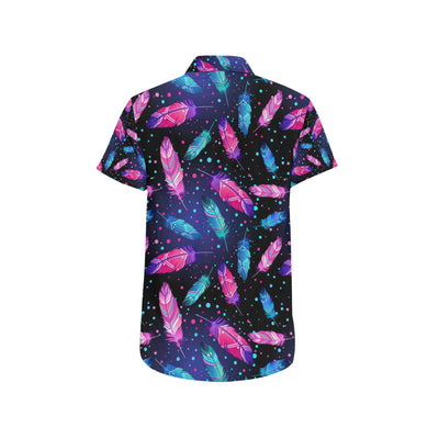 Feather Colorful Boho Design Print Men's Short Sleeve Button Up Shirt