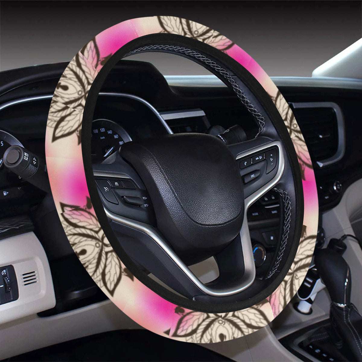 lotus Boho Pattern Print Design LO02 Steering Wheel Cover with Elastic Edge