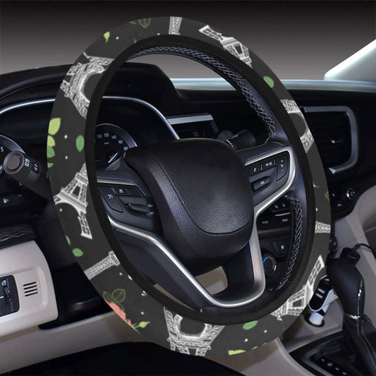 Eiffel Tower Rose Print Steering Wheel Cover with Elastic Edge