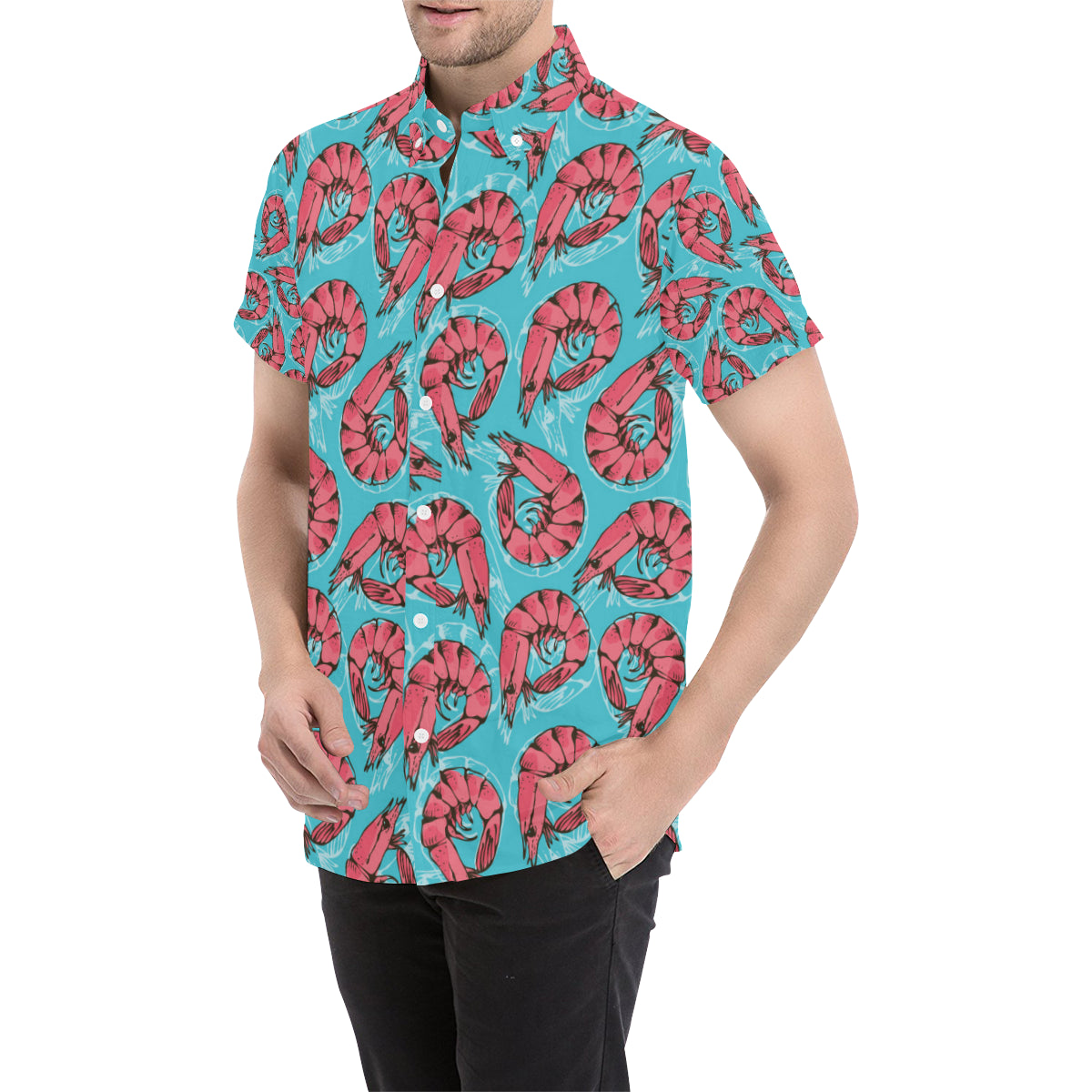 Prawn Pattern Print Design 01 Men's Short Sleeve Button Up Shirt