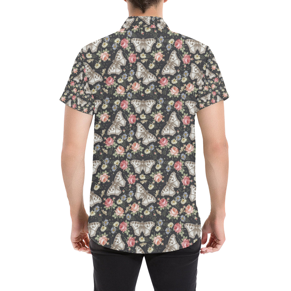 Butterfly Flower Pattern Print Design 07 Men's Short Sleeve Button Up Shirt