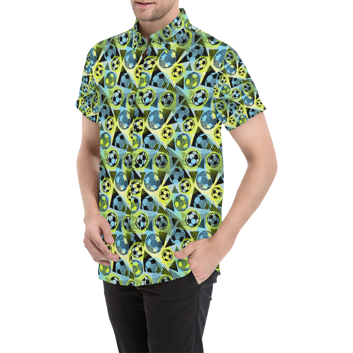 Soccer Ball Themed Print Design Men's Short Sleeve Button Up Shirt