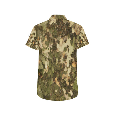 Camo Realistic Tree Texture Print Men's Short Sleeve Button Up Shirt