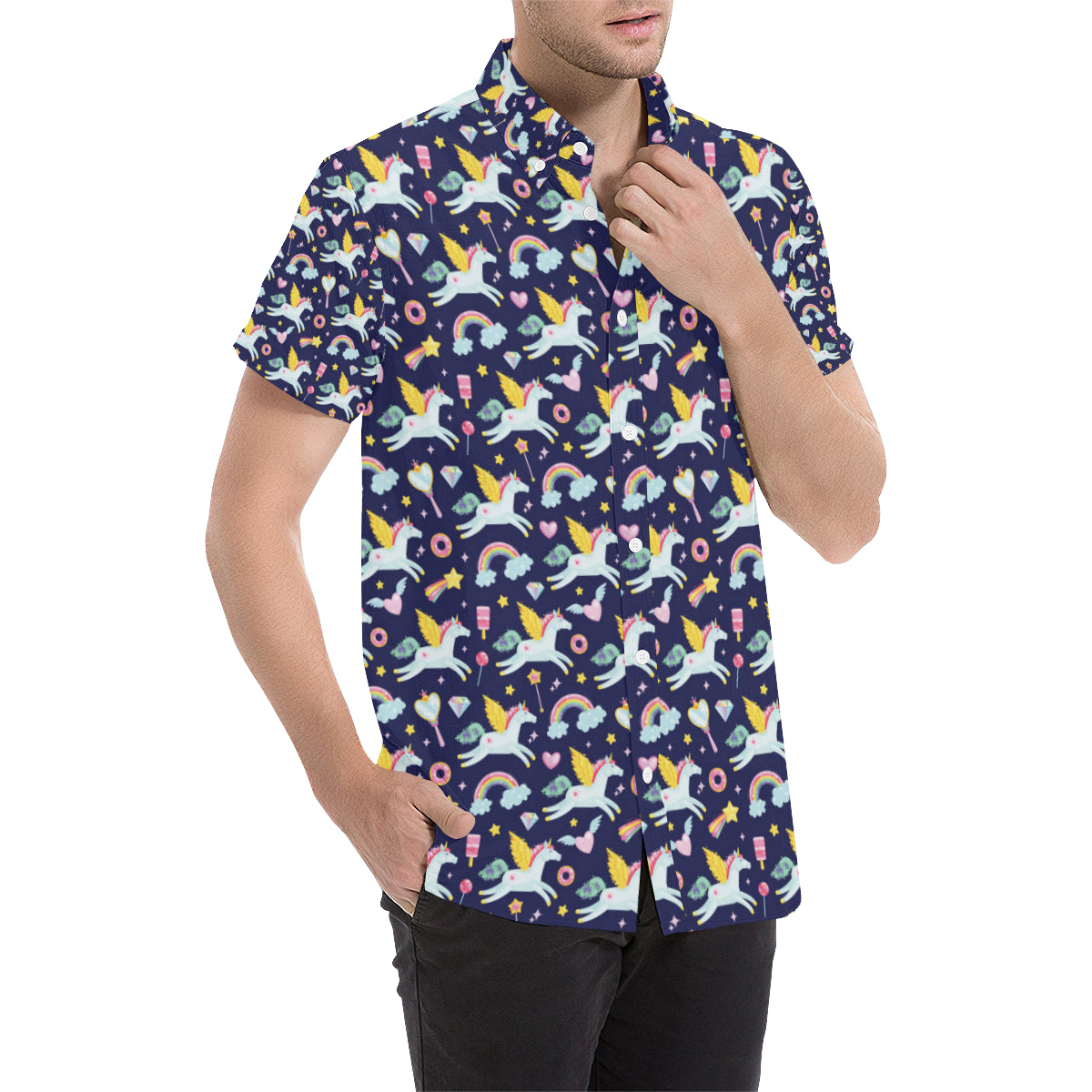 Pegasus Pattern Print Design 05 Men's Short Sleeve Button Up Shirt