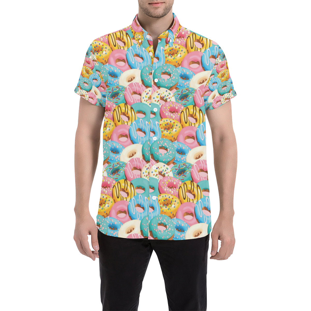 Donut Pattern Print Design DN01 Men's Short Sleeve Button Up Shirt