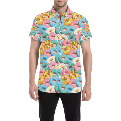 Donut Pattern Print Design DN01 Men's Short Sleeve Button Up Shirt