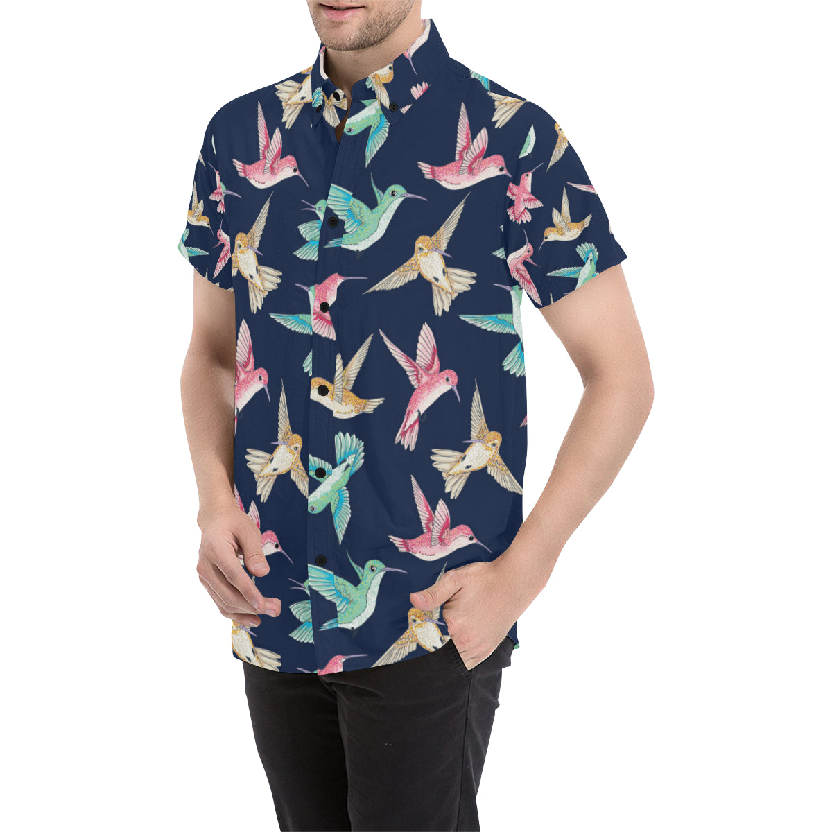 Hummingbird Cute Pattern Print Design 01 Men's Short Sleeve Button Up Shirt