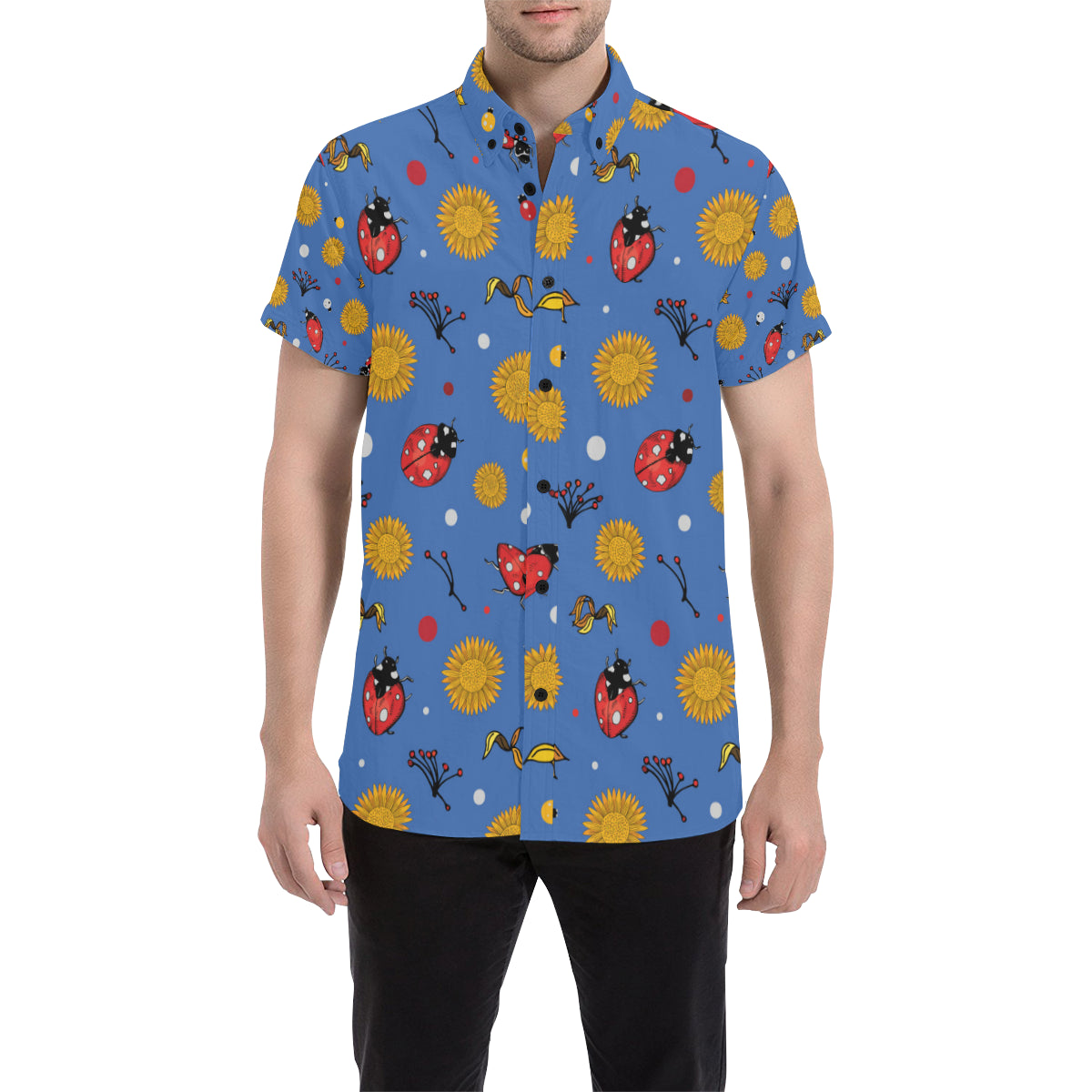 Ladybug Pattern Print Design 05 Men's Short Sleeve Button Up Shirt
