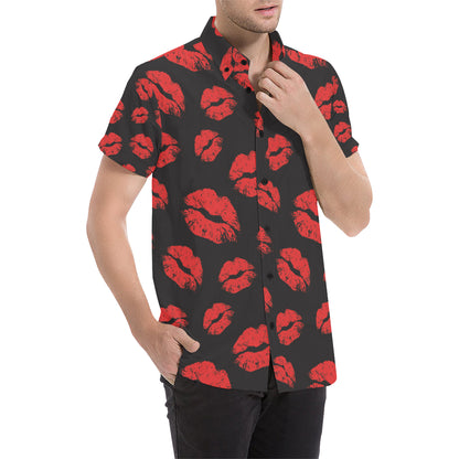 Lip Red Pattern Print Design 02 Men's Short Sleeve Button Up Shirt