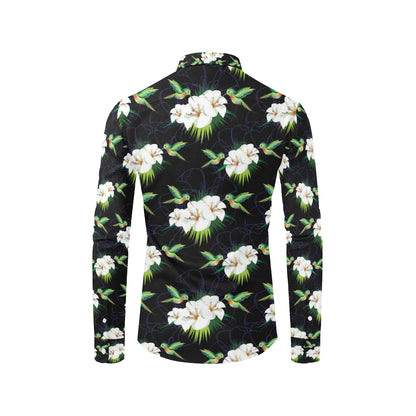 Hummingbird with Flower Pattern Print Design 03 Men's Long Sleeve Shirt