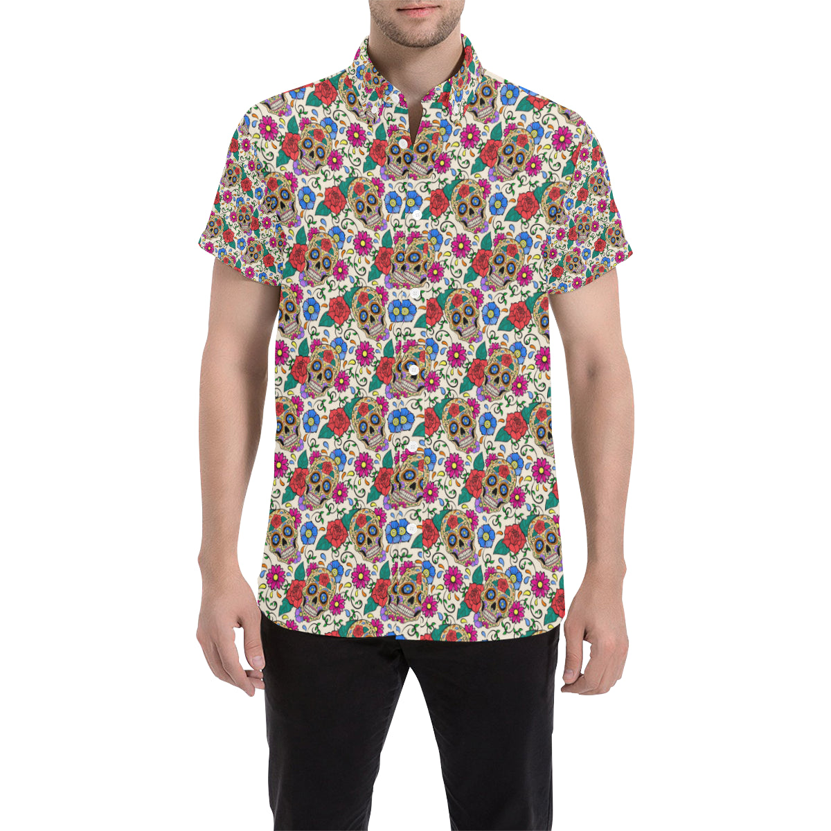 Sugar Skull Colorful Themed Print Men's Short Sleeve Button Up Shirt