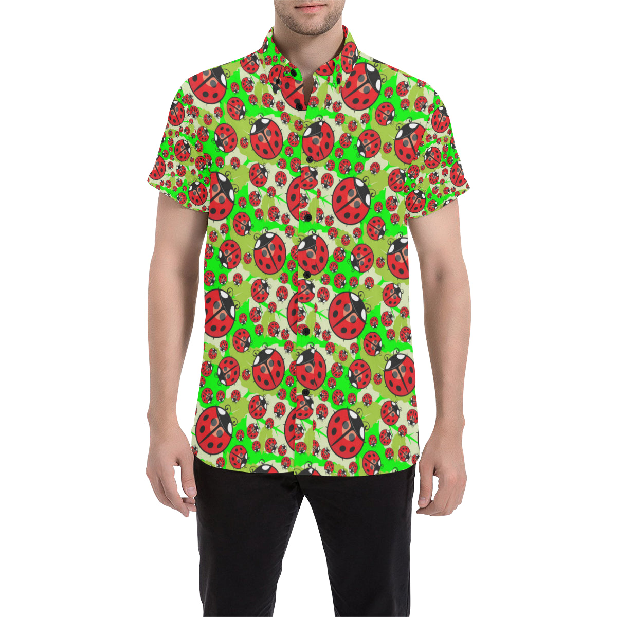 Ladybug with Leaf Print Pattern Men's Short Sleeve Button Up Shirt
