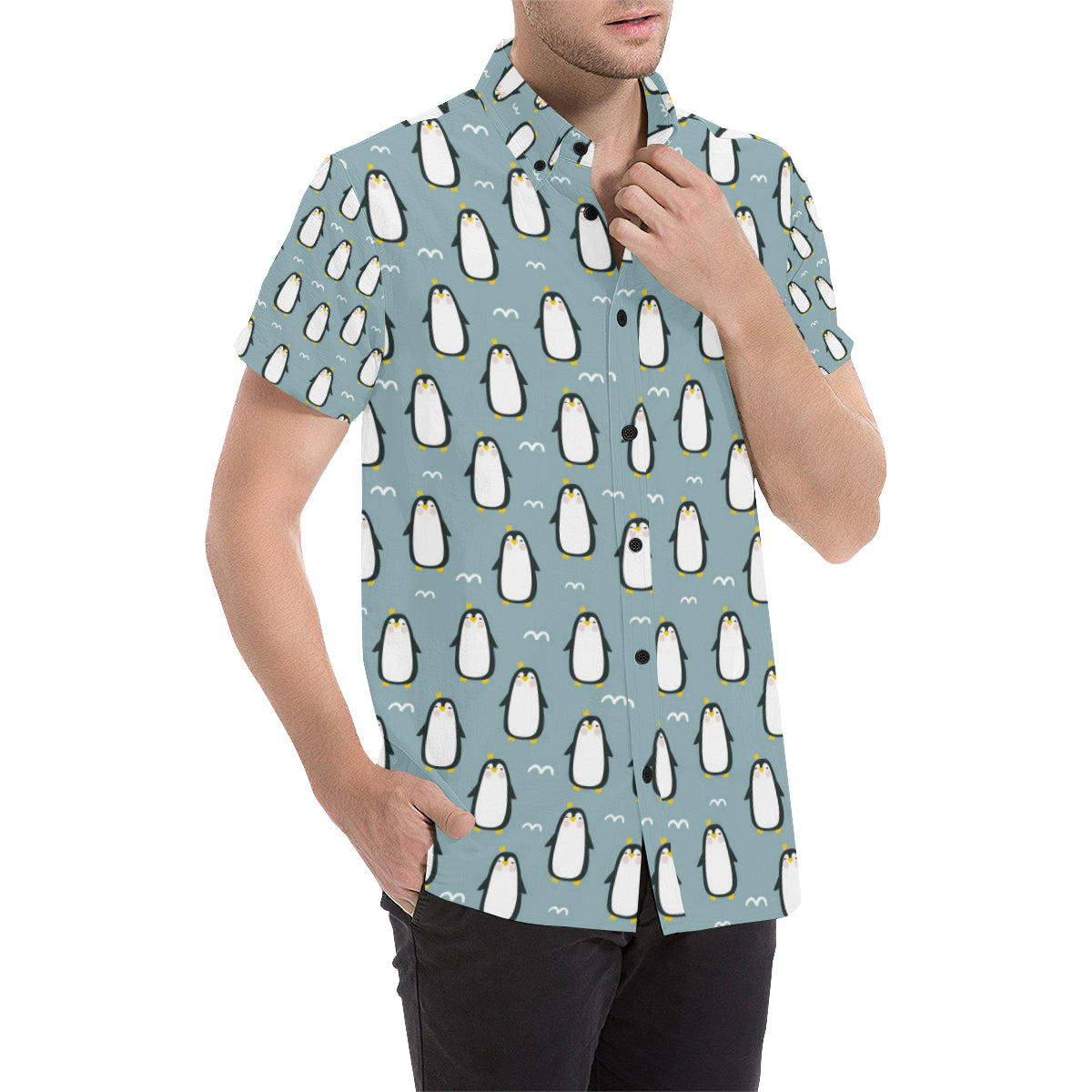 Penguin Pattern Print Design A02 Men's Short Sleeve Button Up Shirt