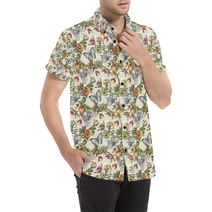 Butterfly Flower Pattern Print Design 06 Men's Short Sleeve Button Up Shirt