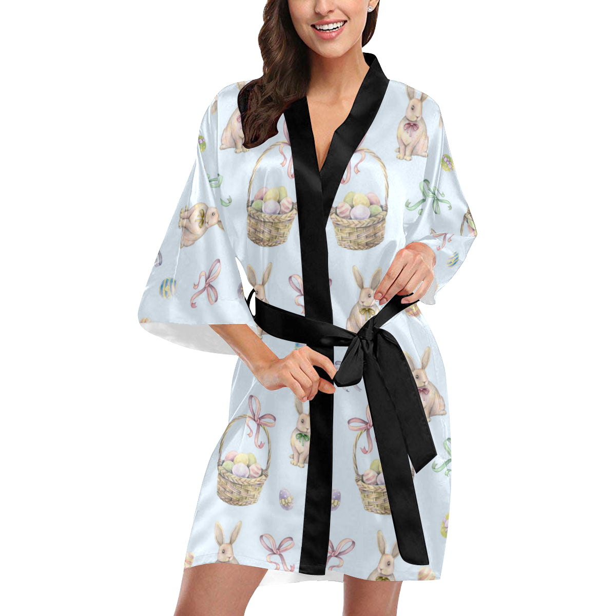 Rabbit Easter Eggs Pattern Print Design 03 Women's Short Kimono