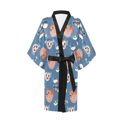 Fugu Pattern Print Design 02 Women's Short Kimono