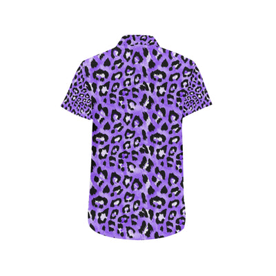 Leopard Purple Skin Print Men's Short Sleeve Button Up Shirt