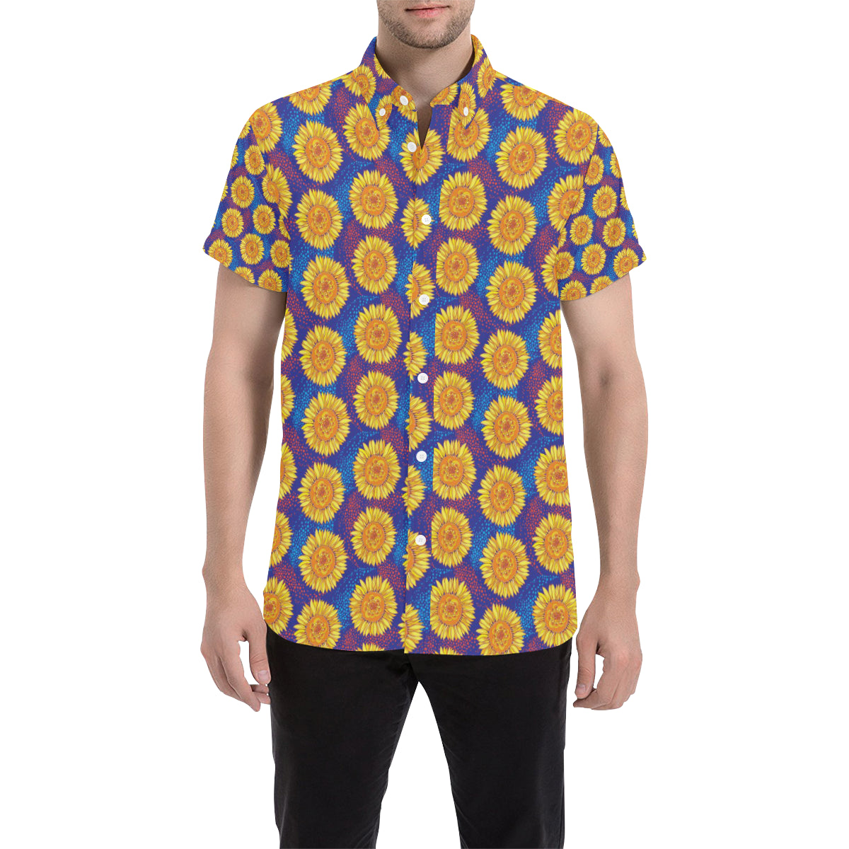 Sunflower Hand Drawn Style Print Men's Short Sleeve Button Up Shirt