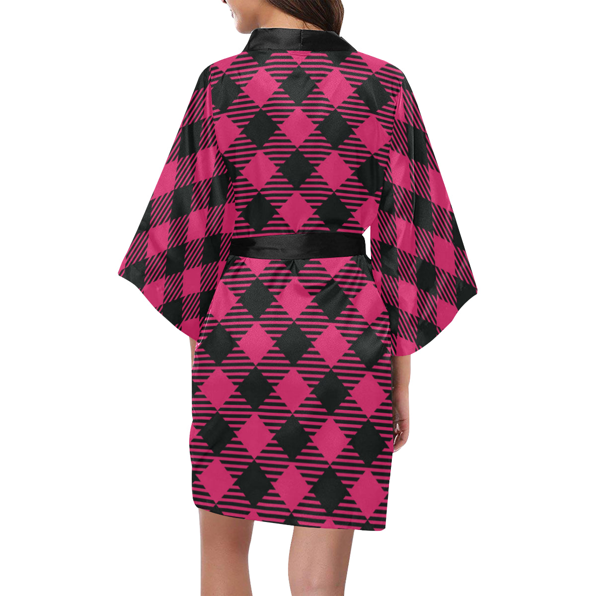 Buffalo check Pink Pattern Print Design 01 Women's Short Kimono