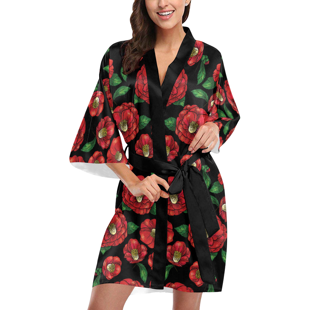 Camellia Pattern Print Design CM07 Women's Short Kimono