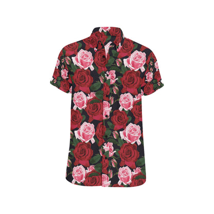 Rose Red Pink Pattern Print Design RO01 Men's Short Sleeve Button Up Shirt