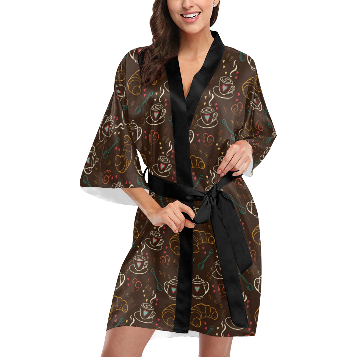 Coffee Pattern Print Design 06 Women's Short Kimono