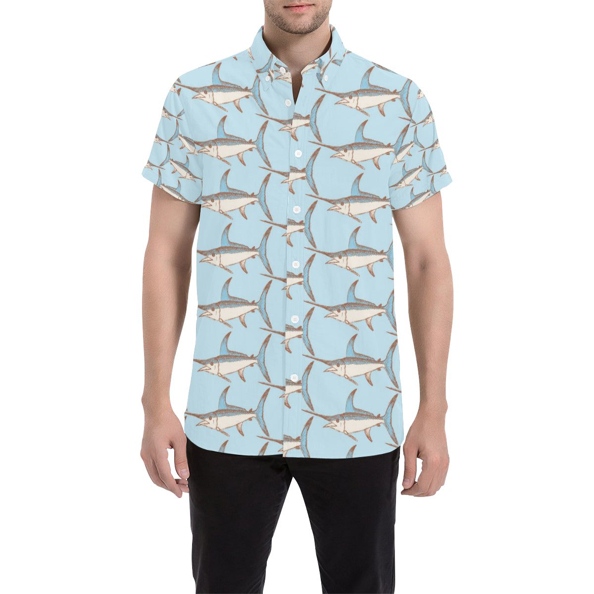 Swordfish Pattern Print Design 01 Men's Short Sleeve Button Up Shirt