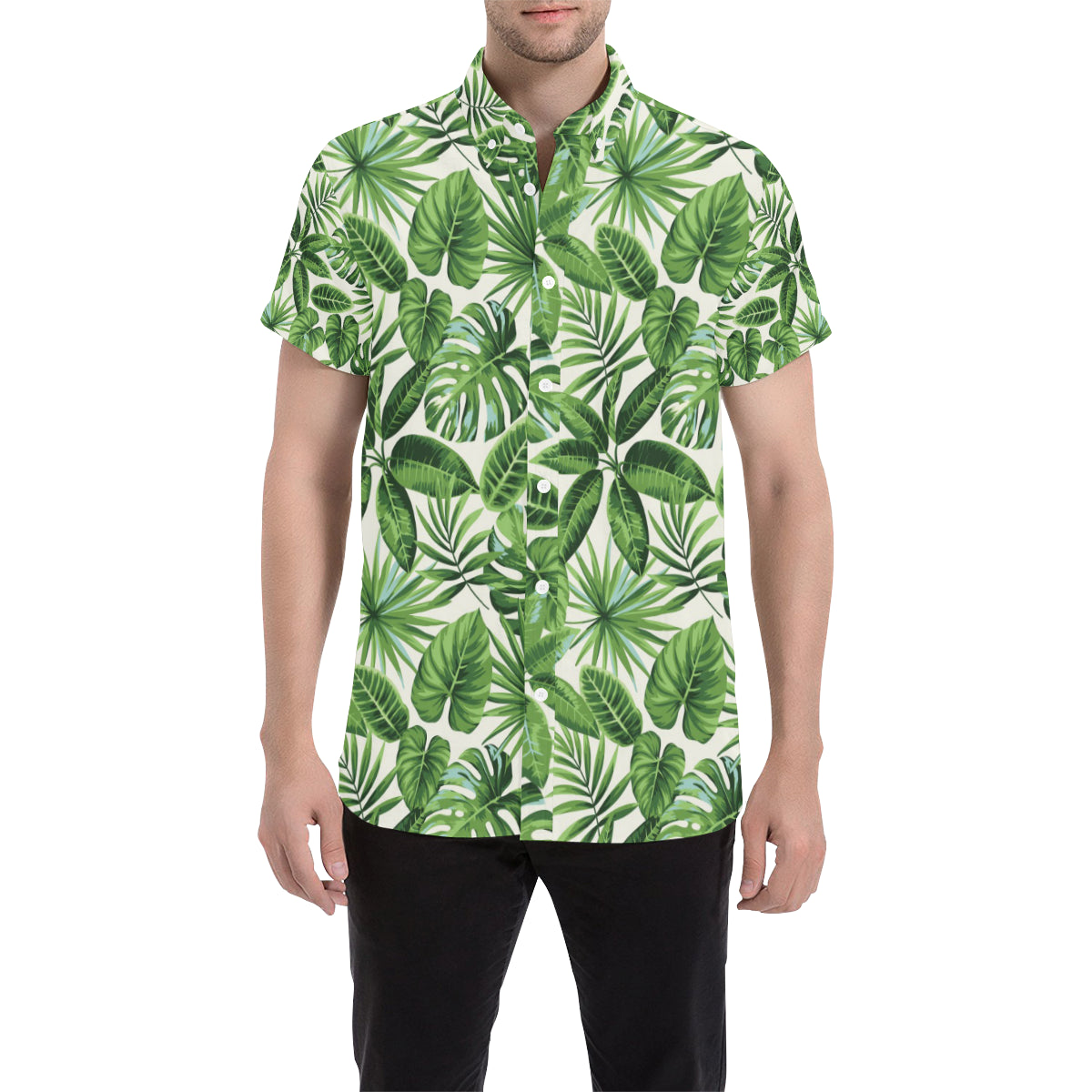 Tropical Flower Pattern Print Design TF013 Men's Short Sleeve Button Up Shirt