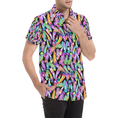 Neon Feather Pattern Print Design A02 Men's Short Sleeve Button Up Shirt