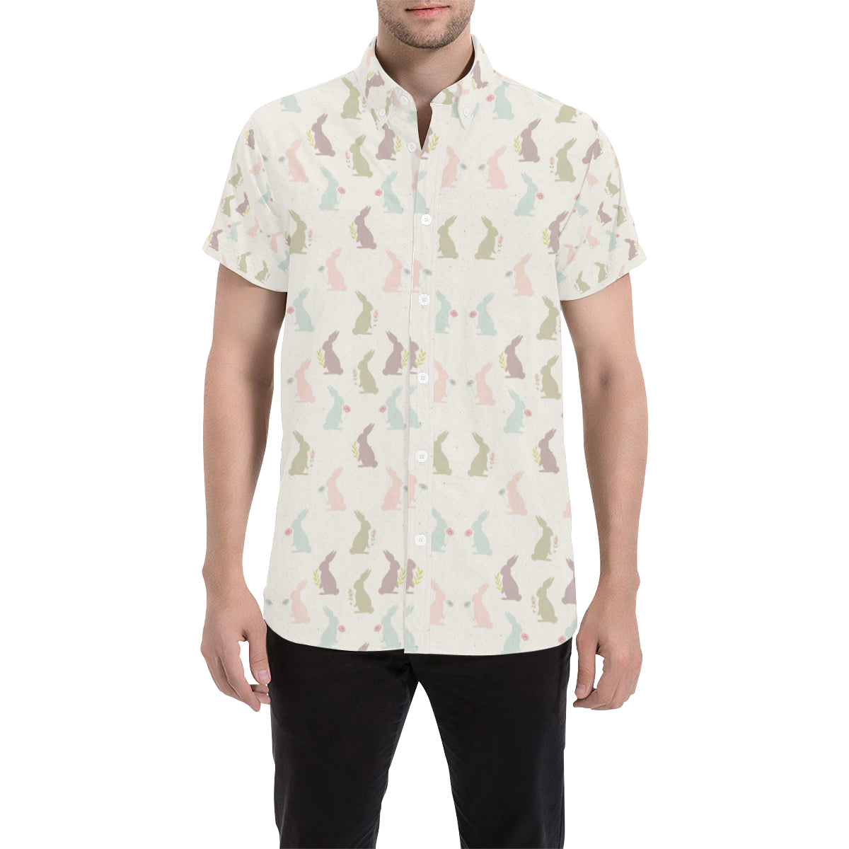 Bunny Pattern Print Design 05 Men's Short Sleeve Button Up Shirt
