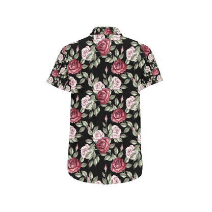 Rose Red Pink Pattern Print Design RO03 Men's Short Sleeve Button Up Shirt