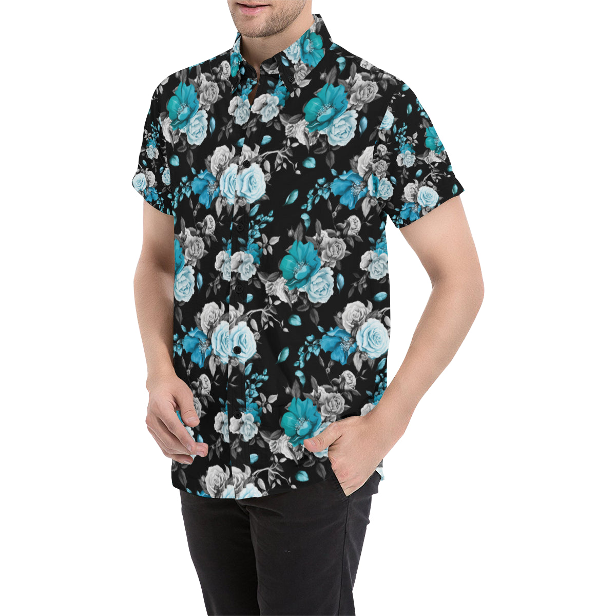 Rose Pattern Print Design A02 Men's Short Sleeve Button Up Shirt