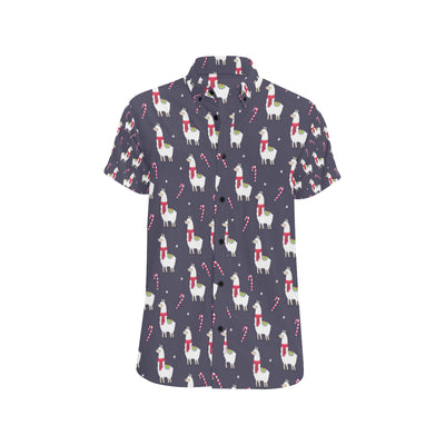 Llama with Candy Cane Themed Print Men's Short Sleeve Button Up Shirt