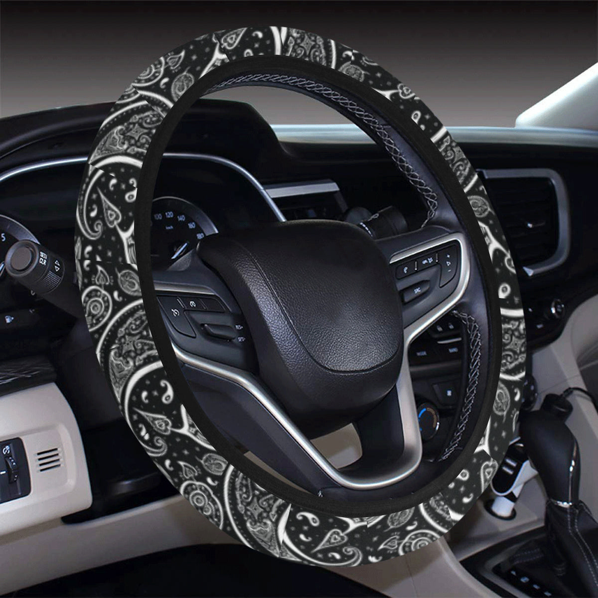 Paisley Black Design Print Steering Wheel Cover with Elastic Edge