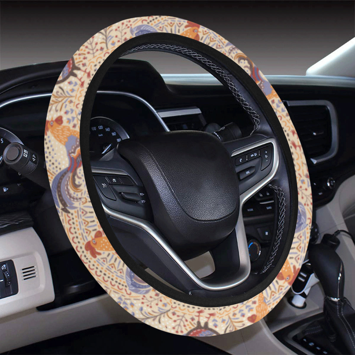 Chicken Boho Style Pattern Steering Wheel Cover with Elastic Edge