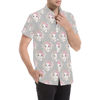Rabbit Pattern Print Design RB07 Men's Short Sleeve Button Up Shirt
