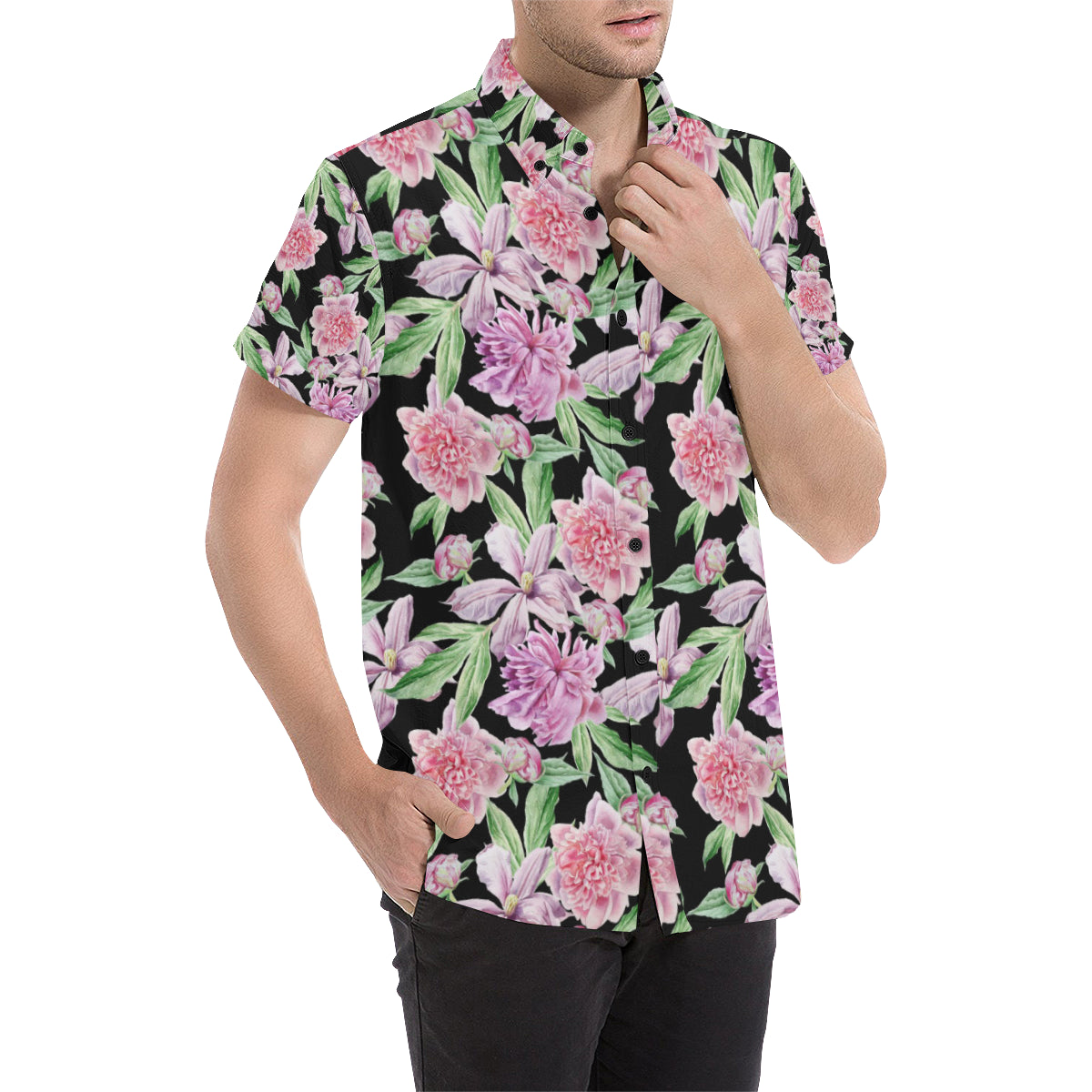 Peony Pattern Print Design PE08 Men's Short Sleeve Button Up Shirt