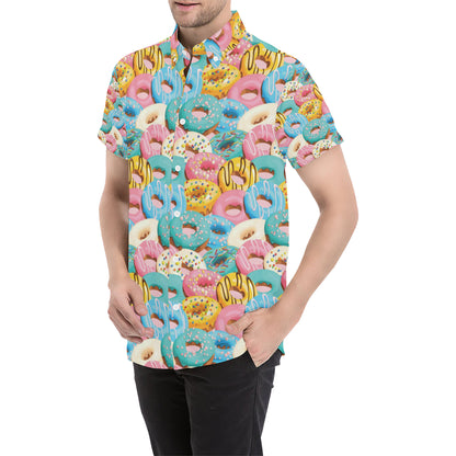 Donut Pattern Print Design DN01 Men's Short Sleeve Button Up Shirt