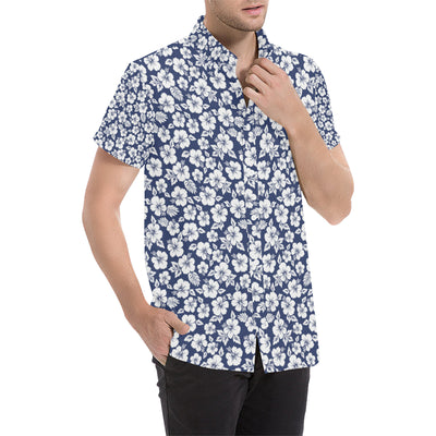 Hibiscus Blue Hawaiian Flower Style Men's Short Sleeve Button Up Shirt