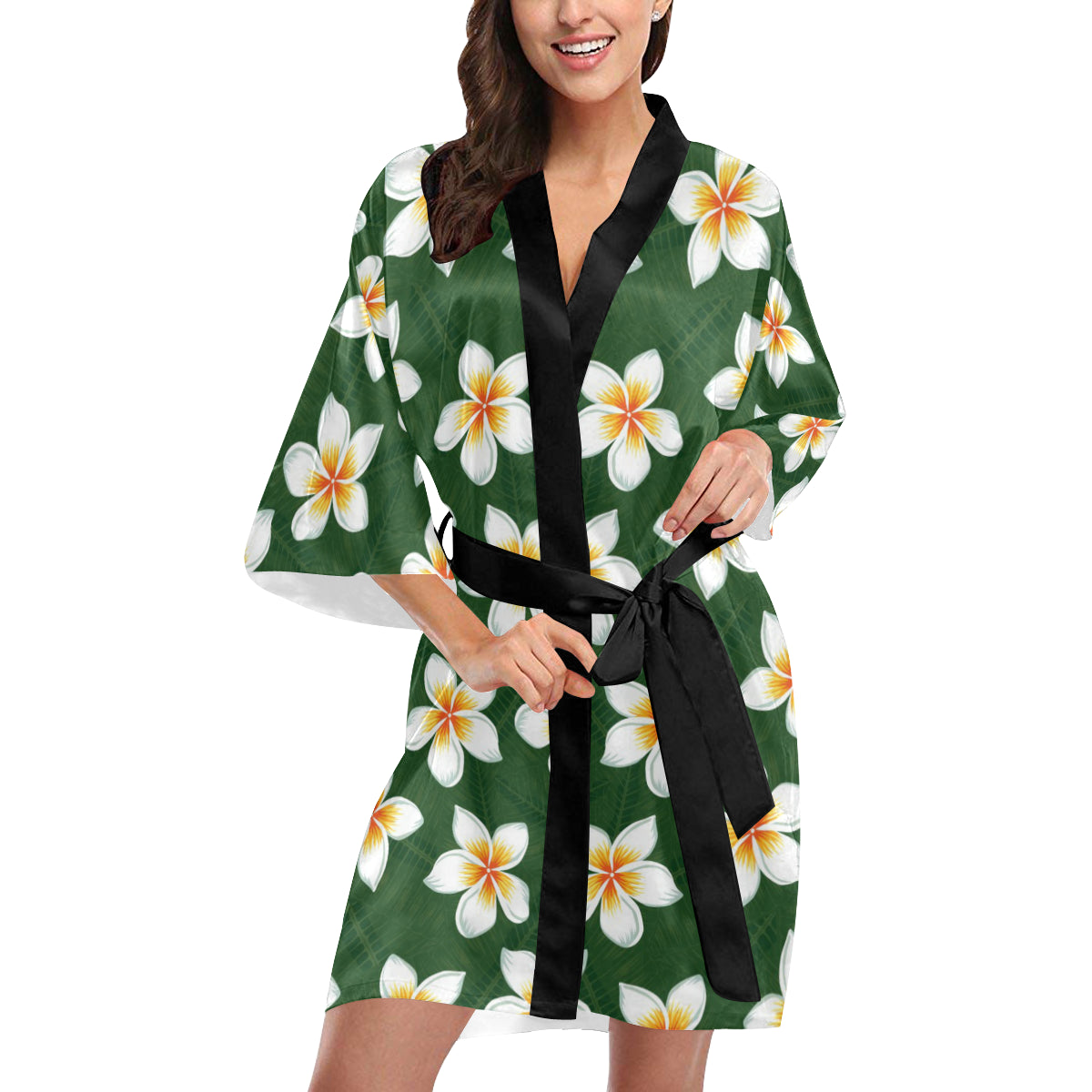 White Plumeria Pattern Print Design PM020 Women Kimono Robe